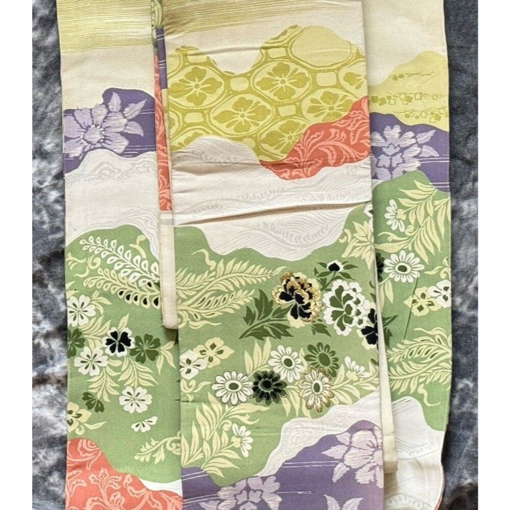Vintage Nishiki Silk Obi Floral Embroider 120 Inches Green Cream Ships Frm USA
